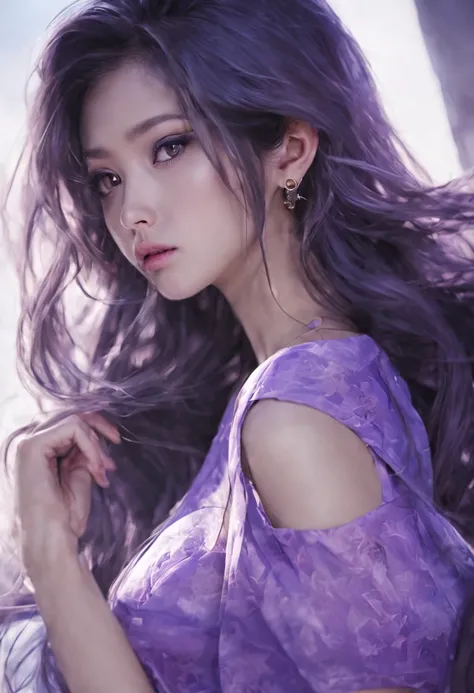 ((bestquality)), ((masterpiece)), (Detailed), perfect face,Thai girl with beautiful face,Very long hair, black, purple, blue.,Wear a purple short-sleeved shirt.,Wear blue underwear,