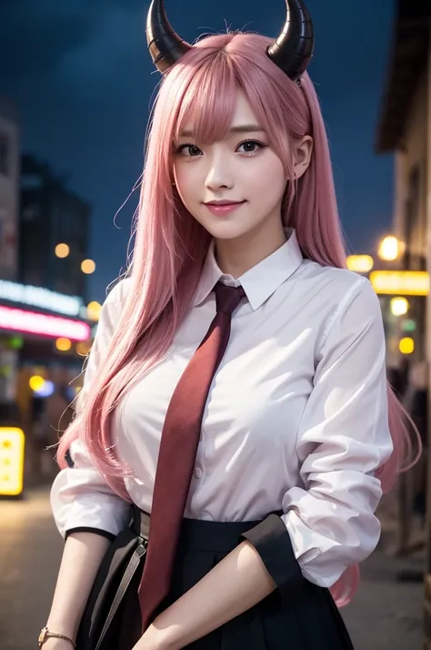 1 girl, Pink Long Hair, Red Horn, blouse with a white collar, black necktie, light  smile, yellow-eyed, medium burn_strength,, buildings,stores,Town streets, Gloomy sky, scenecy,neonlight,nightcity, Japanese lyrics,, , absurd res, 詳細な目, The is very detaile...