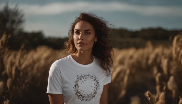 a lifestyle shot of a model wearing a white t-shirt on a wooden background, with the design prominently displayed on the front, showcasing how the design looks when worn and adding a sense of authenticity and relatability to the mockup