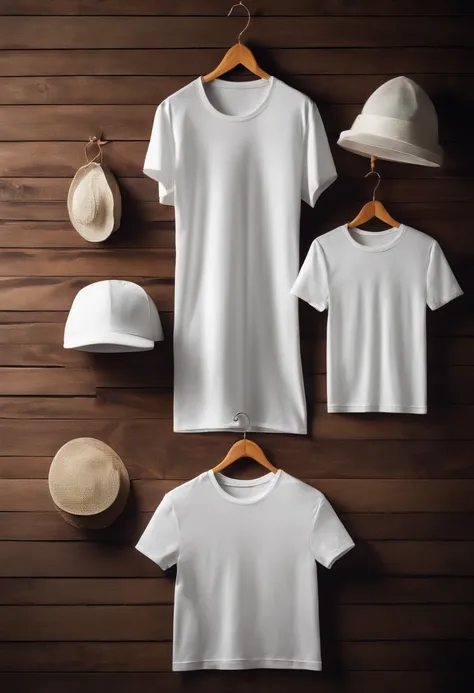 a creative shot of a white t-shirt folded and arranged on a wooden background in a visually appealing pattern, adding an artistic and unique touch to the mockup presentation