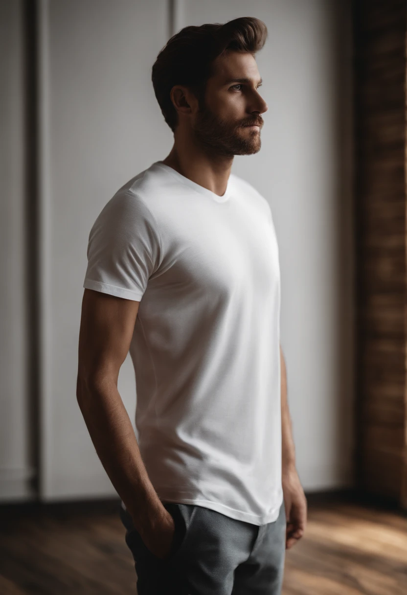 a minimalistic shot of a white t-shirt on a wooden background, with a simple and understated design placed strategically on the chest area, emphasizing the design’s impact and ensuring it stands out against the clean backdrop