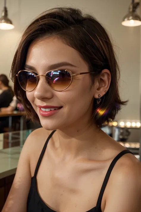 girl sitting in a coffee shop drinking  hot coffee, multicolored hair, shiny hair, very short hair, hairpin, sunglasses, headphones, glowing eyes, heart earrings, makeup, light smile, happy, red lips, modern, Realism, depth of field, cinematic lighting, fi...