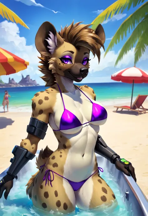 (best quality,highres:1.2,ultra-detailed),female anthropomorphic hyena,vivid colors,well detailed,2d art style,beach,bathing,violet bikini,cybernetic left arm.