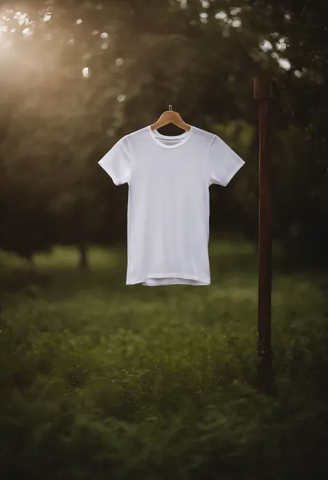 a minimalistic shot of a white t-shirt on a wooden background, with a simple and understated design placed strategically on the chest area, emphasizing the design’s impact and ensuring it stands out against the clean backdrop