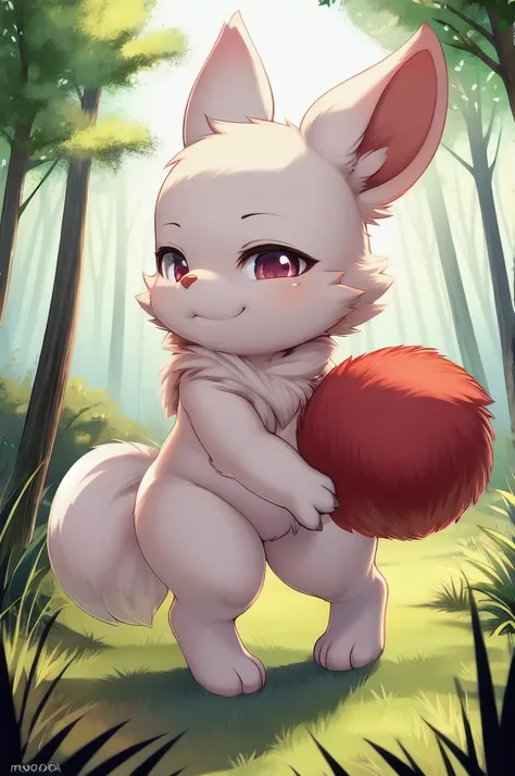 solo, 1girl, ((best quality)), ((masterpiece)), (detailed), moogle, pom, in a forest, anthro, furry,