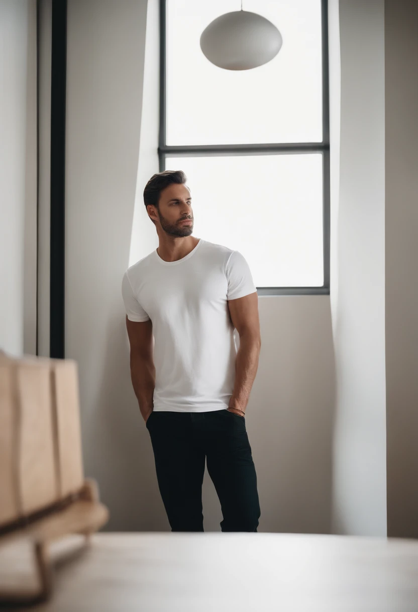 a minimalistic shot of a white t-shirt on a wooden background, with a simple and understated design placed strategically on the chest area, emphasizing the design’s impact and ensuring it stands out against the clean backdrop