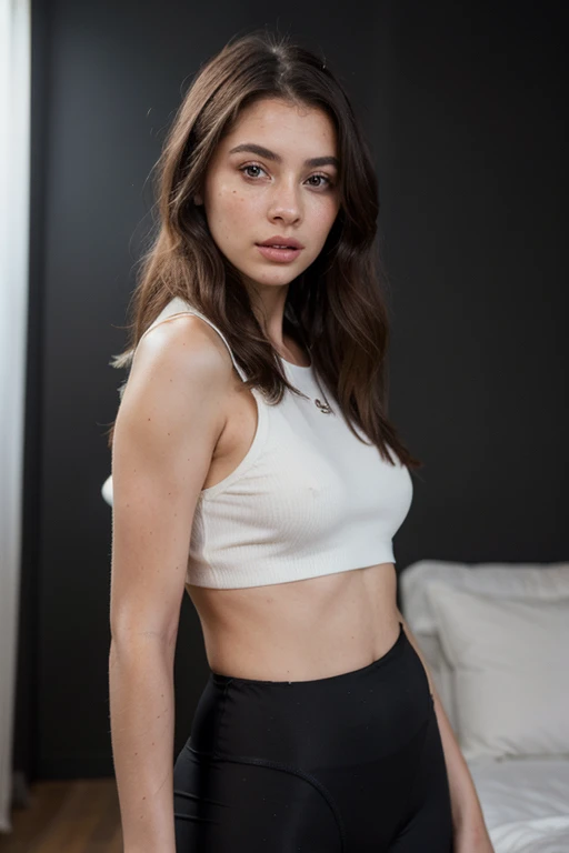 ((best quality)), ((masterpiece)), (detailed), perfect face realistic photo of beautiful woman with long dark brown hair, Russian, influencer, light freckles, dark brown eyes, big lips, no makeup, insagram, standing next to black wall, yoga outfit