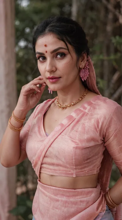 Pink saree, (RAW photo, realism: 1.8), (very dark pink lip gloss, jet dark pink lipstick, realistic eyelashes, dark brown eye shadow, shy, blushing, high quality, high resolution, depth of field, chromatic aberration, caustic, wide light, natural colors, 3...