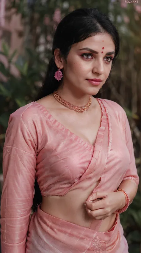 Pink saree, (RAW photo, realism: 1.8), (very dark pink lip gloss, jet dark pink lipstick, realistic eyelashes, dark brown eye shadow, shy, blushing, high quality, high resolution, depth of field, chromatic aberration, caustic, wide light, natural colors, 3...