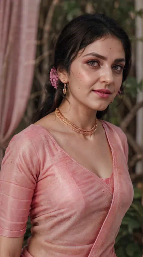 Pink saree, (RAW photo, realism: 1.8), (very dark pink lip gloss, jet dark pink lipstick, realistic eyelashes, dark brown eye shadow, shy, blushing, high quality, high resolution, depth of field, chromatic aberration, caustic, wide light, natural colors, 3...