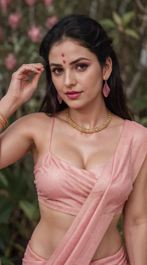 Pink saree, (RAW photo, realism: 1.8), (very dark pink lip gloss, jet dark pink lipstick, realistic eyelashes, dark brown eye shadow, shy, blushing, high quality, high resolution, depth of field, chromatic aberration, caustic, wide light, natural colors, 3...