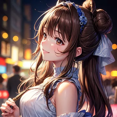 animesque、a beauty girl、karaoke、Crowds、present、profile、Brown hair、Black eyes glow、A smile、Bun hair