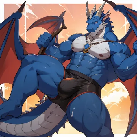 Buff dragon with his anus visible, a big bulge and a big ass, leaking cum from the bulge