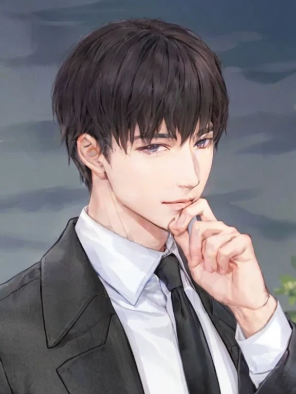 a close up of a person in a suit and tie, anime handsome man, delicate androgynous prince, a handsome man, black short hair, anime portrait of a handsome man, xumo Lucien, Mr love queens choice, handsome anime pose, purple eyes.