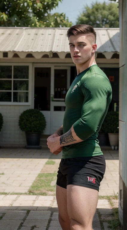 Young white man rugby, 18 years old, military haircut, dark hair, intense green eyes fixed, intense gaze, affiliated features, no facial hair, height 1.93, weight 90 kg, muscular build, broad shoulders, V-shaped body, sleeve tattoo in the arm, full body fo...