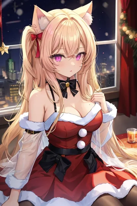 is a cat girl, blonded hair, long hair, (pink eyes), wear a christmas dress, medium breasts, sexy