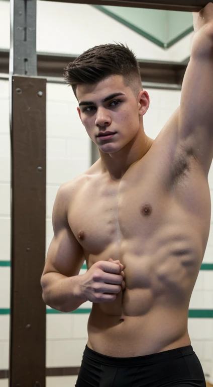 Young white man school wrestler, 18 years old, mohawk haircut, black hair, intense green eyes fixed, intense gaze, affiliated features, no facial hair, height 1.90, weight 96 kg, muscular build, broad shoulders, V-shaped body, full body focus, completely h...