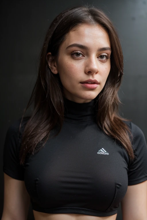 ((best quality)), ((masterpiece)), (detailed), perfect face realistic photo of beautiful woman with long dark brown hair, Russian, influencer, light freckles, dark brown eyes, big lips, no makeup, insagram, standing next to black wall, yoga outfit