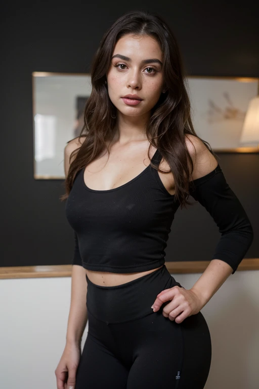 ((best quality)), ((masterpiece)), (detailed), perfect face realistic photo of beautiful woman with long dark brown hair, Russian, influencer, light freckles, dark brown eyes, big lips, no makeup, insagram, standing next to black wall, yoga outfit