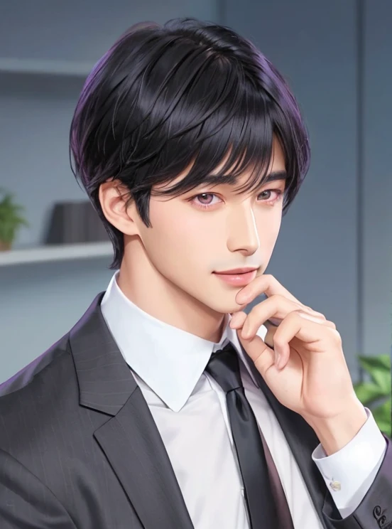 a close up of a person in a suit and tie, anime handsome man, a handsome man, black short hair, straight unparted bangs, straight front bangs, unparted bangs, handsome professor, Lucien xumo, Mr love queens choice, purple eyes, 35 years old, teasing smile.