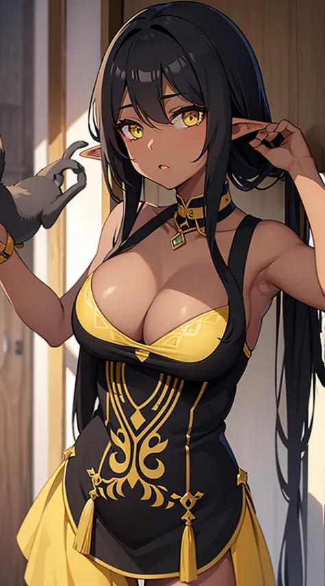 Elf girl, dark skin, black hair, yellow eyes, big boddy, Wearing cute dress