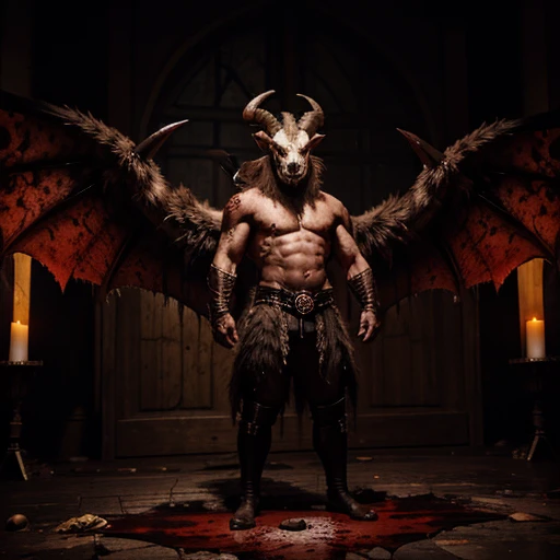 a goat headed demon with big horns, strong beefy upper body, demon skins,  furs, ((claws, wings)),  demonic armor, blood splatters,  skulls on the floor, standing on  a blood ritual , medieval,  dark room, dim light,
 masterpiece, realistic, oil painting