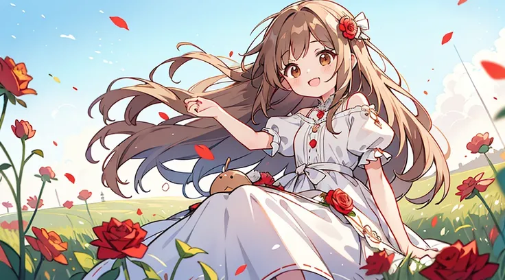 cartoon girl, brown eyes, long white wedding dress, giant silver button on string on waist, long light brown hair, a tall red flower hairpin sticking out of hair, cartoonish cute, laughing with hand over the mouth, happy, sitting in a open field with clear...