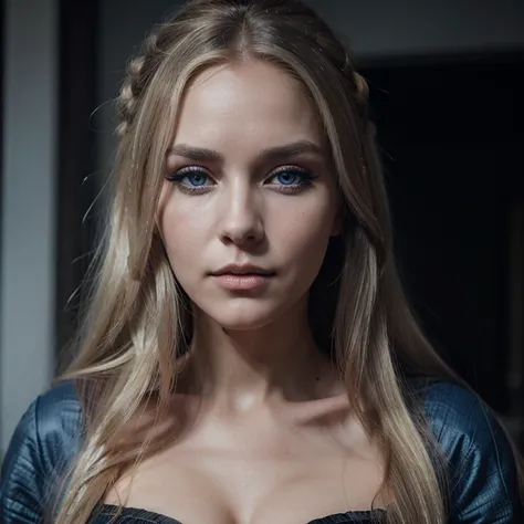 Yennefer Haugen Norwegian model with long blonde hair, elongated and expressive eyes, blue pupils, sensual look, looking at camera, frontal photo of full face, blue makeup around the eyes, ultra-realistic high quality 8k