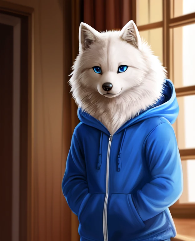 Furry, anthropomorphic, samoyed, blue eyes, blue hoodie