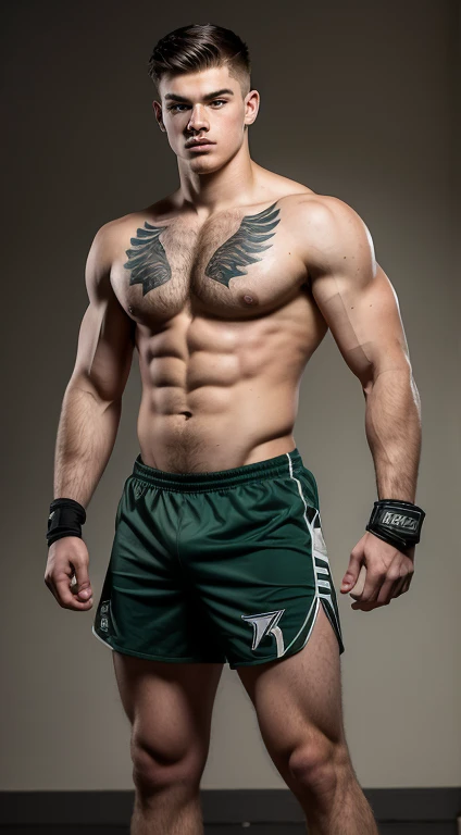 Young white man lacrosse player, 17 years old, military haircut, black hair, intense green eyes fixed, intense gaze, affiliated features, no facial hair, height 1.90, weight 96 kg, muscular aesthetic build, broad shoulders, V-shaped body, tattoos of wolf o...