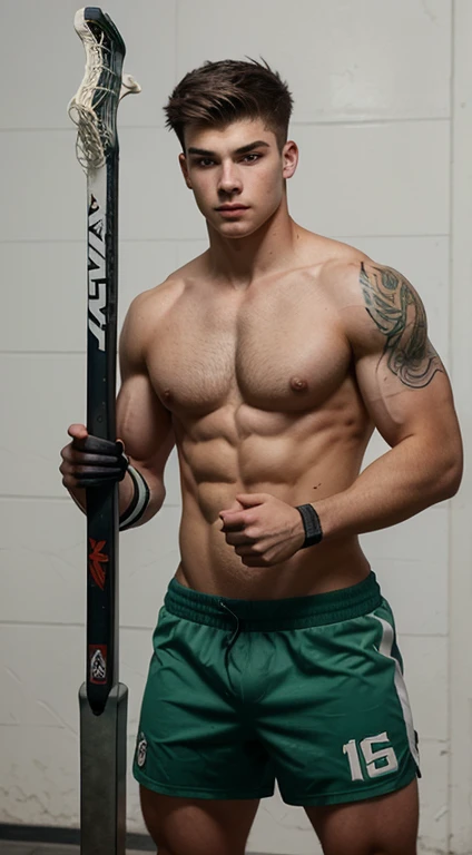 Young white man lacrosse player, 17 years old, military haircut, black hair, intense green eyes fixed, intense gaze, affiliated features, no facial hair, height 1.90, weight 96 kg, muscular aesthetic build, broad shoulders, V-shaped body, tattoos of wolf o...