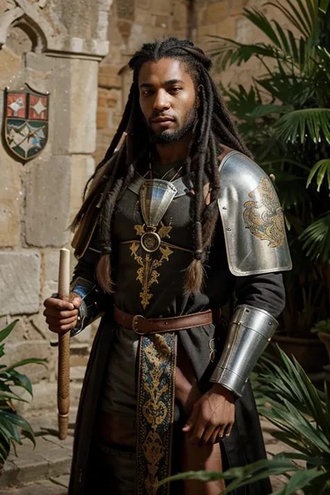 knight, medieval europe, summer, exotic plants in background,middle african heritage, long dreadlocks,beautiful big eyes, coat of arms on chest with smaragd dragon on it, he is smokig a big joint, hyper realistic