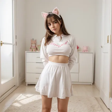 21 year old girl with big breasts and small waist dressed in cute clothes, ropa infantil, ropa tierna, He is in his bedroom with white light, white marble floor and mirrored background of a closet with expensive clothes and sneakers, usa ropita pink, ropit...