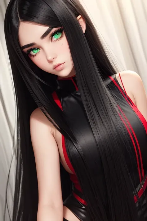 hot girl face , eyelaner , green eyes , ,black shiny long hair, shiny red blush, arch black long eyebrows , only face , russian