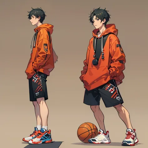 1 Korean young man，male people，20yr old，tall，Hair is medium length，Red sweatshirt，Black  shorts，High-top basketball shoes，sitted，Point to shoes，AJ basketball shoeadass anime 8k，POV perspective，Arrogant，Cold