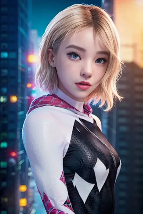 ghost spider, gwen  in a black outfit with spider in the center of his chest in white, organic looking outfit, gooey forehead, symbiote, white eyes, fine art, ps5 cinematic screenshot,highly detailed detailed cinematic rendering, ultra photorealistic raytr...