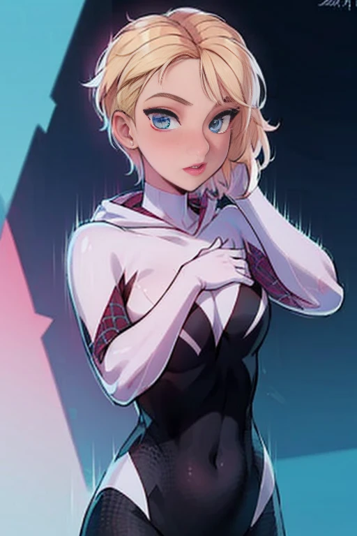 ghost spider, gwen  in a black outfit with spider in the center of his chest in white, organic looking outfit, gooey forehead, s...