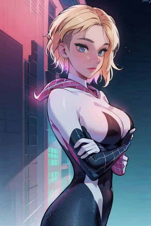 ghost spider, gwen  in a black outfit with spider in the center of his chest in white, organic looking outfit, gooey forehead, s...