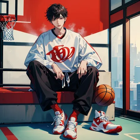 1 Korean young man，male people，20yr old，tall，height is 180 cm，Hair is medium length，Red sweatshirt，black long pants，High-top basketball shoes，white legwear，Sit on the basketball court，pointing to shoes，AJ basketball shoeadass anime 8k，POV perspective，Arrog...