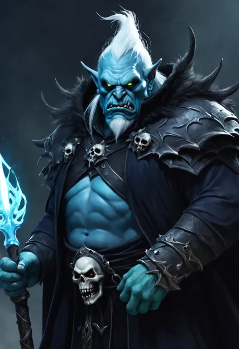 Bad Mage Ogre, Ogre general, tall, blue skin, scary appearance. He wears a black cape and a staff with a skull on top. His eyes glow with a pale green light and his skin is as pale as snow. He is able to summon and control cold with ease. fantastic., close...