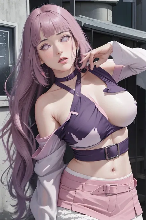 masterpiece, absurdres, hinata(boruto), 1girl, solo,mature female, off-shoulder strap bra, high waist short skirt, perfect composition, detailed lips, big breast, beautiful face, body propotion, blush, (pink lips), long hair,  purple eyes,  soft gaze,  sup...