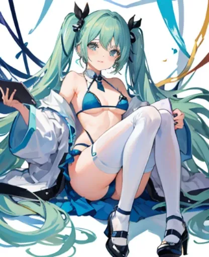 Hatsune Mirai，BIKINI，thong Pants，White suspender stockings，high heel shoes