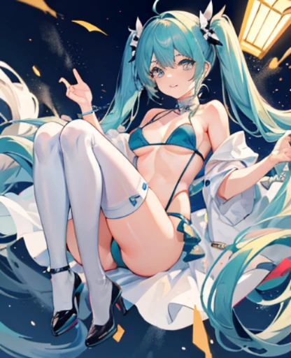 Hatsune Mirai，BIKINI，thong Pants，White suspender stockings，high heel shoes