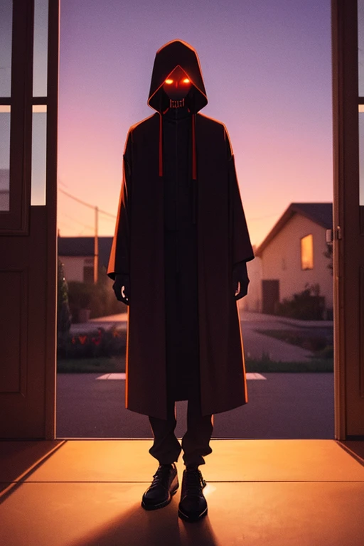 grim reaper standing in the doorway of a modern house, (suburban background, orange setting sun), glowing purple eyes, creeping shadow