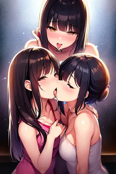 masutepiece,best qualtiy,1girl in,Licking each other、tongueを出す_tonguetongue,blush,tongue、twogirls、lick together、Girls facing each other、Kiss while hugging、black hair shorthair、Kissing face to face、Erotic kiss