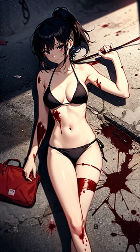 Anime girl wearing a string bikini,Black Hair, long-haired, long ponytail,มีBlood stains on the body.... Blood stains on bikini Blood stains on arms and legs, Blood stains on the body..,It&#39;s in the bag.