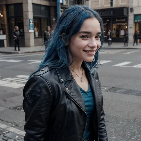 Please create an image of a 21 years old smiling woman on the streets with blue hair in a black leather jacket and make her face look like Emilia Clarke