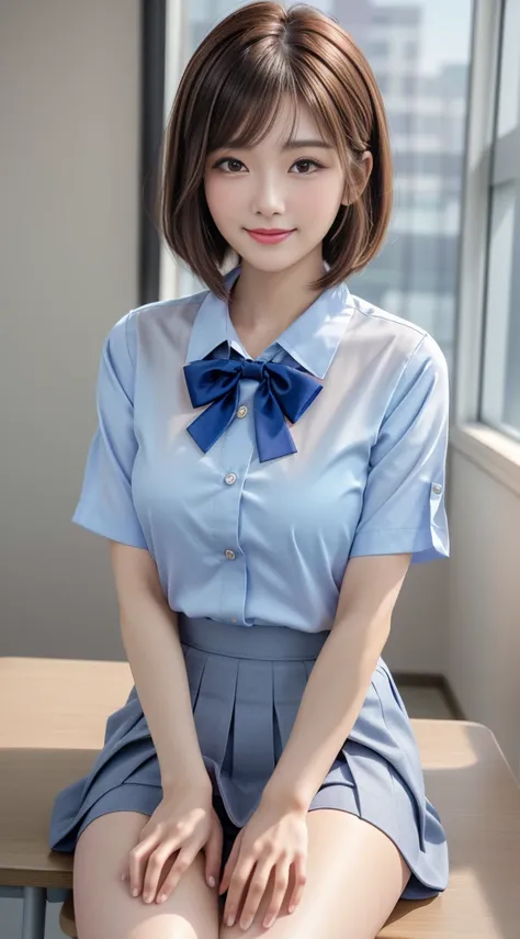 Product quality, 1girl in, FULL BODYSHOT, Front view, a Japanese young pretty woman, Bob Hair, Glamorous figure, Wearing a silky shirt with a short sleeved white collar and a dark blue satin plain bow tie, Wearing a light blue pleated miniskirt, Sitting at...