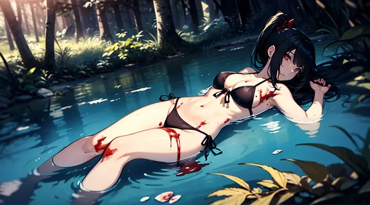 Anime girl wearing a string bikini,Black Hair, long-haired, long ponytail,มีBlood stains on the body.... Blood stains on bikini Blood stains on arms and legs, Blood stains on the body..,Lying dead in the deep forest