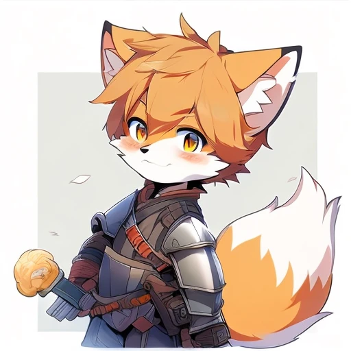 furry fury，Orange fox ears，Orange hair，Orange eye kernel，Wear body armor，Shota，Carrying a blue sword on his back，Take it，Wear body armor，military，Detailed war scenes